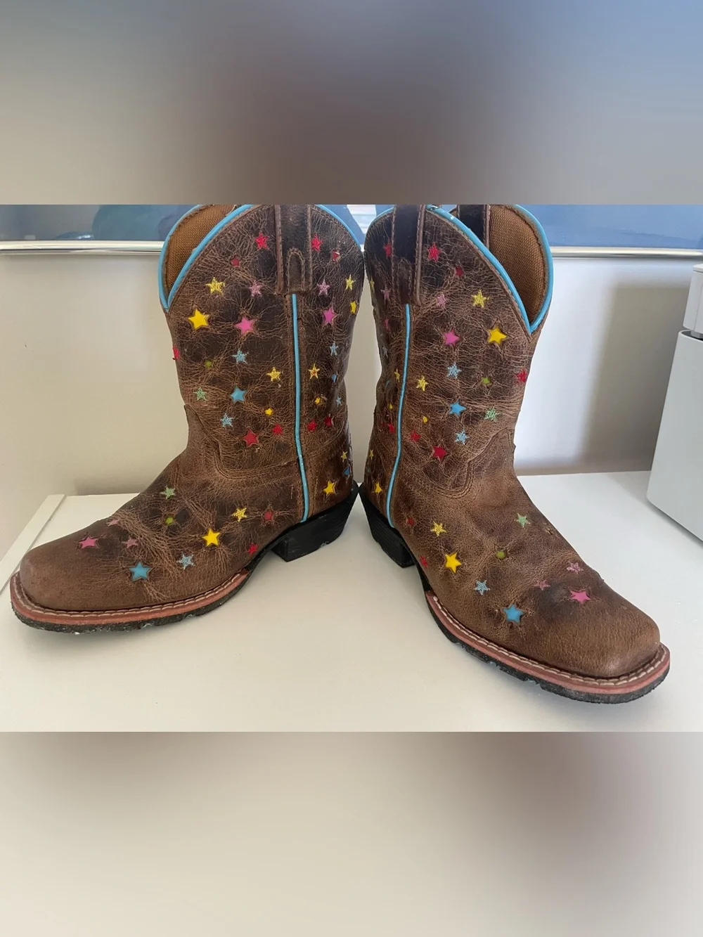 Dan Post Girls Brown Cowboy Boots with Turquoise Trim and Multicolor Stars
